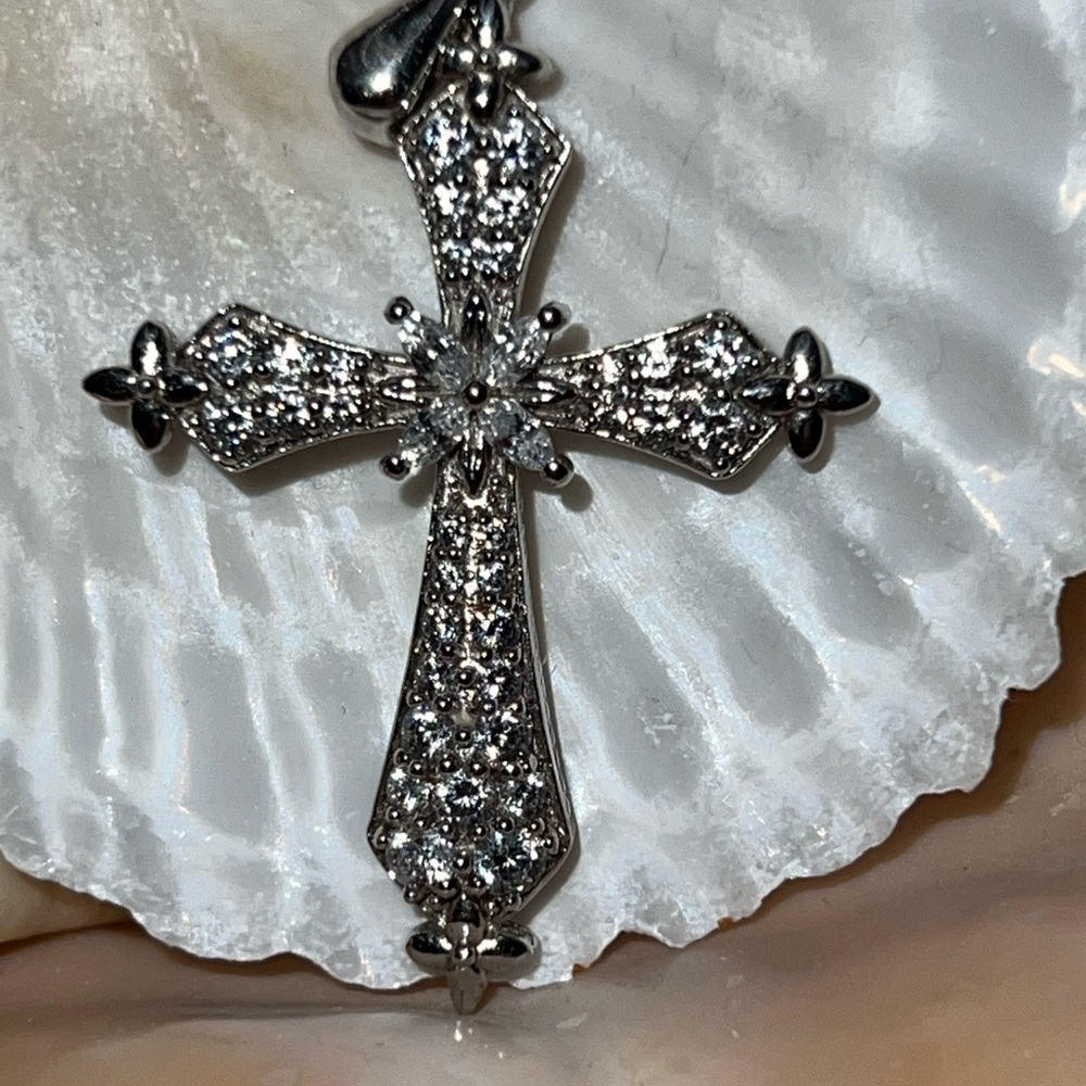 Cubic Zirconia Cross Pendant/Enhancer Sparkling Sterling Silver 925 Beauty!